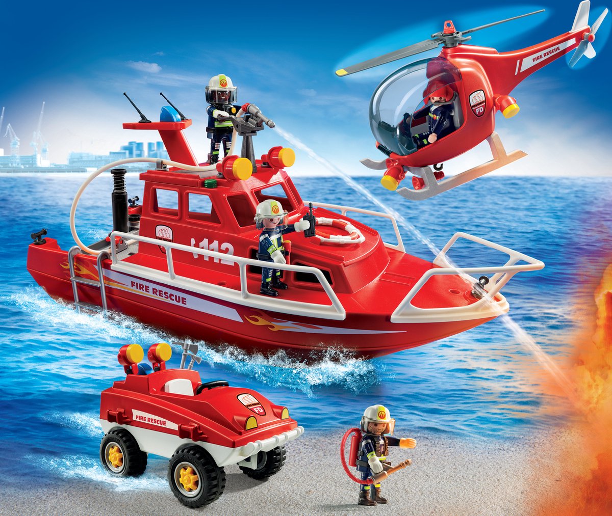 Playmobil 9503 - Mega Brandweer Set - Inclusief boot met onderwatermoter , helicopter en strandbuggy