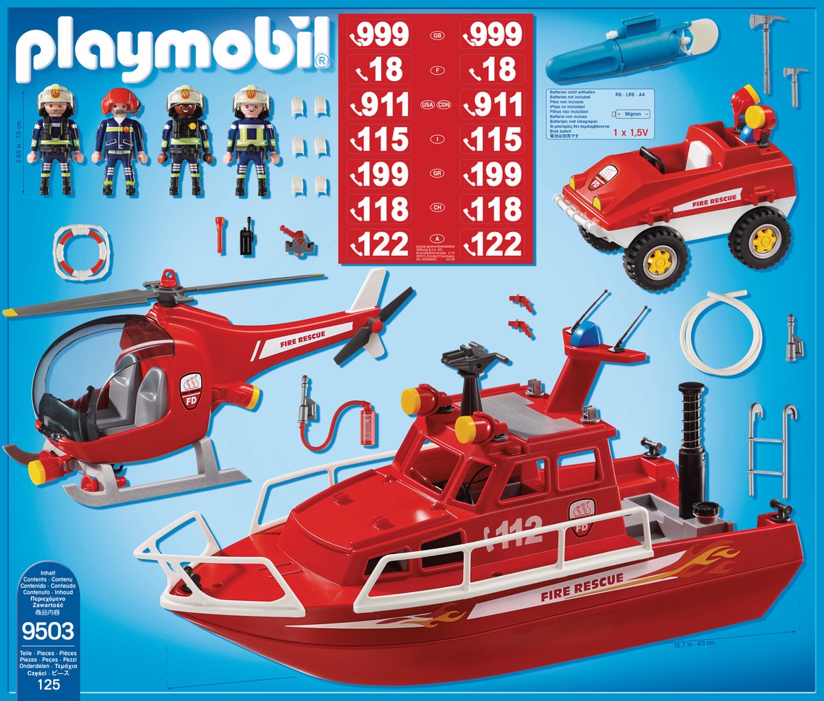 Playmobil 9503 - Mega Brandweer Set - Inclusief boot met onderwatermoter , helicopter en strandbuggy