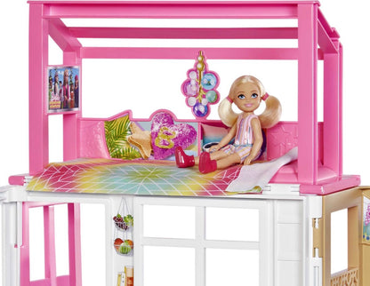Mattel Games, Barbie-poppenhuisset met 2 verdiepingen, Barbie-poppen en accessoires, Veelkleurig
