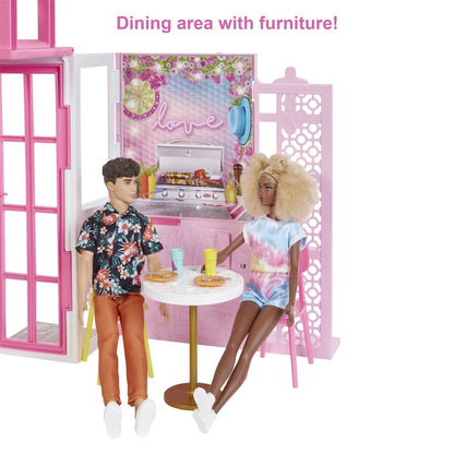 Mattel Games, Barbie-poppenhuisset met 2 verdiepingen, Barbie-poppen en accessoires, Veelkleurig