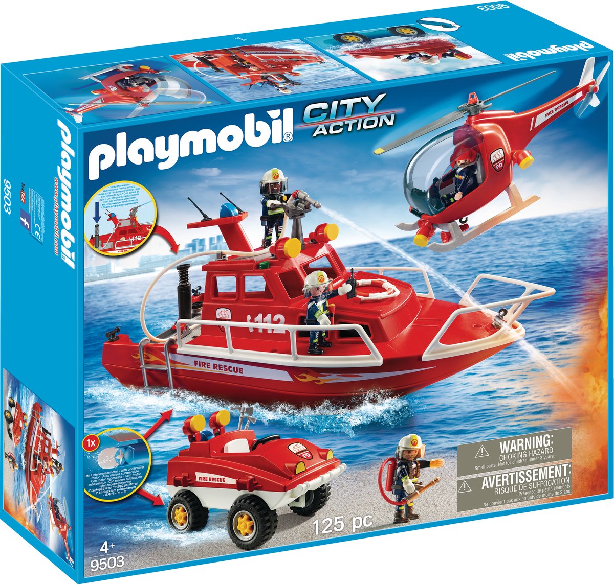 Playmobil 9503 - Mega Brandweer Set - Inclusief boot met onderwatermoter , helicopter en strandbuggy