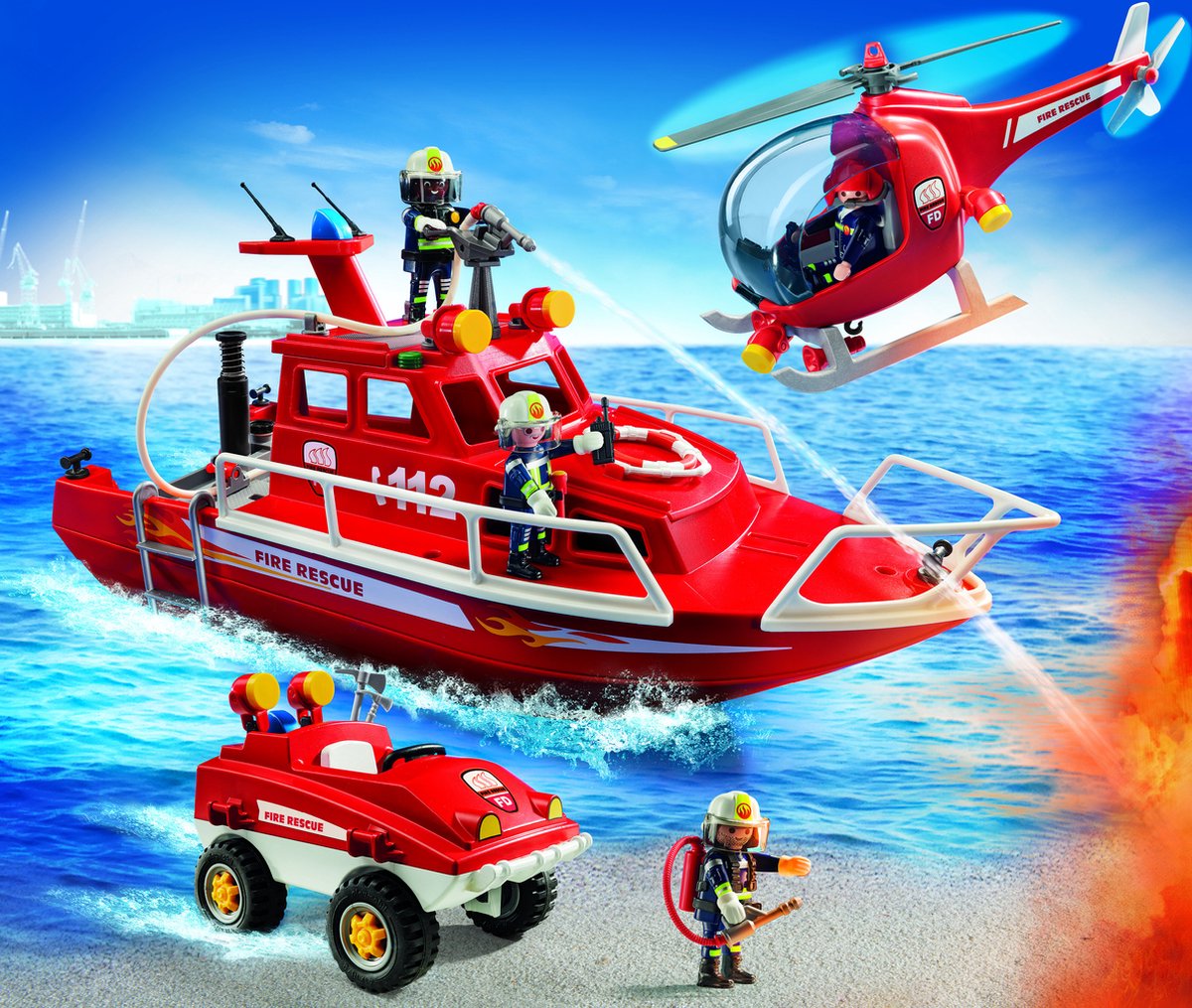 Playmobil 9503 - Mega Brandweer Set - Inclusief boot met onderwatermoter , helicopter en strandbuggy