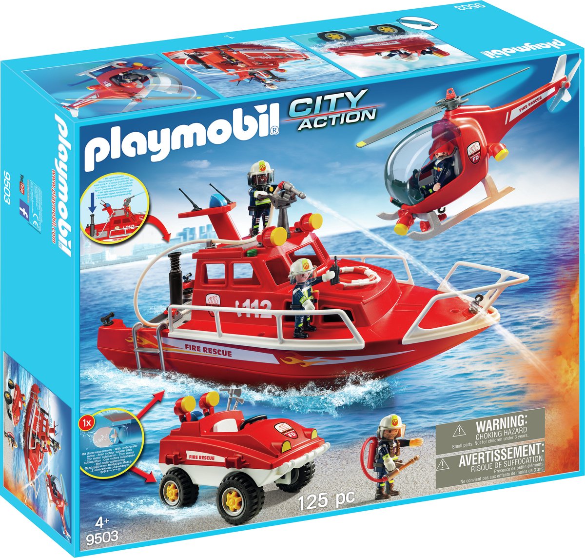 Playmobil 9503 - Mega Brandweer Set - Inclusief boot met onderwatermoter , helicopter en strandbuggy