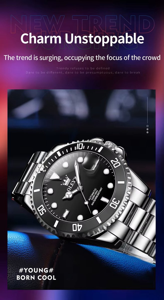 DRX OLEVS Heren Horloge Automaat Waterdicht Mechanisch Horloge RVS Zilver-Zwart Night Glow Luxe Volautomatische Horloge