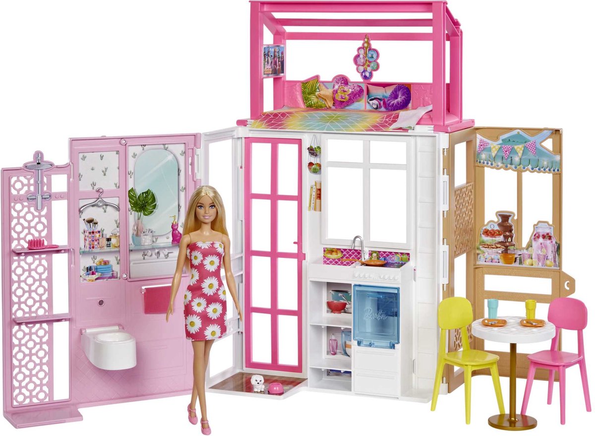 Mattel Games, Barbie-poppenhuisset met 2 verdiepingen, Barbie-poppen en accessoires, Veelkleurig