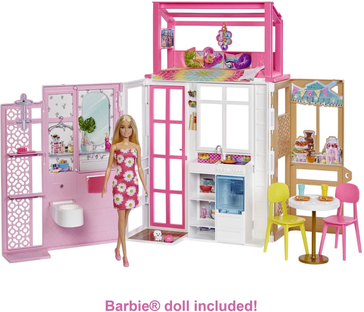 Mattel Games, Barbie-poppenhuisset met 2 verdiepingen, Barbie-poppen en accessoires, Veelkleurig