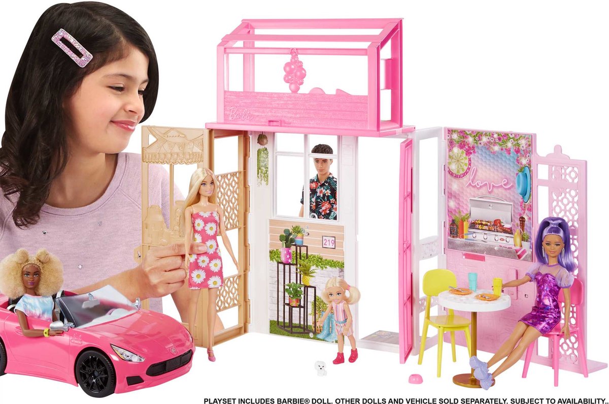 Mattel Games, Barbie-poppenhuisset met 2 verdiepingen, Barbie-poppen en accessoires, Veelkleurig