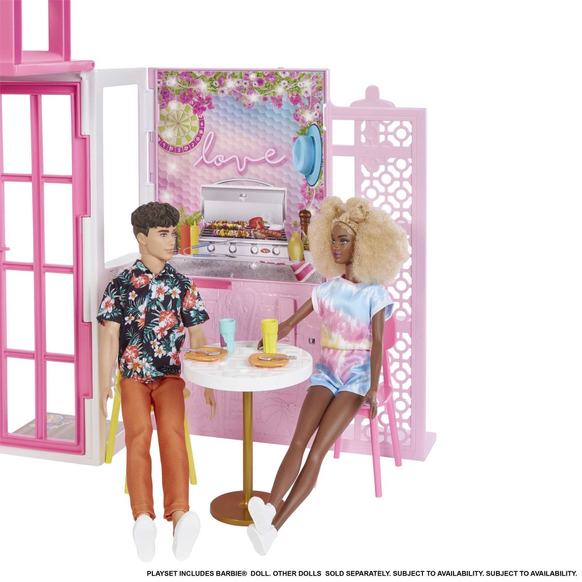 Mattel Games, Barbie-poppenhuisset met 2 verdiepingen, Barbie-poppen en accessoires, Veelkleurig