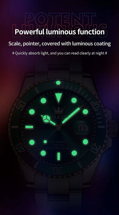 DRX OLEVS Heren Horloge Automaat Waterdicht Mechanisch Horloge Goud-Blauw Night Glow Luxe Volautomatische Horloge
