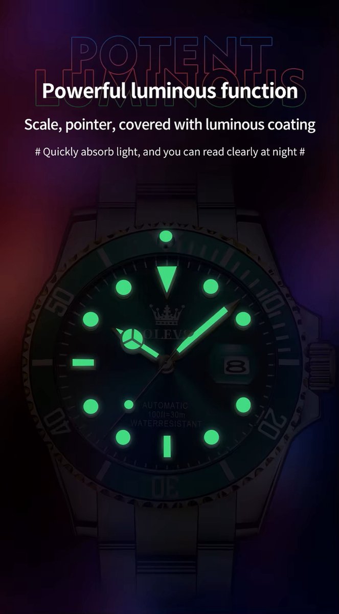 DRX OLEVS Heren Horloge Automaat Waterdicht Mechanisch Horloge Goud-Groen Night Glow Luxe Volautomatische Horloge