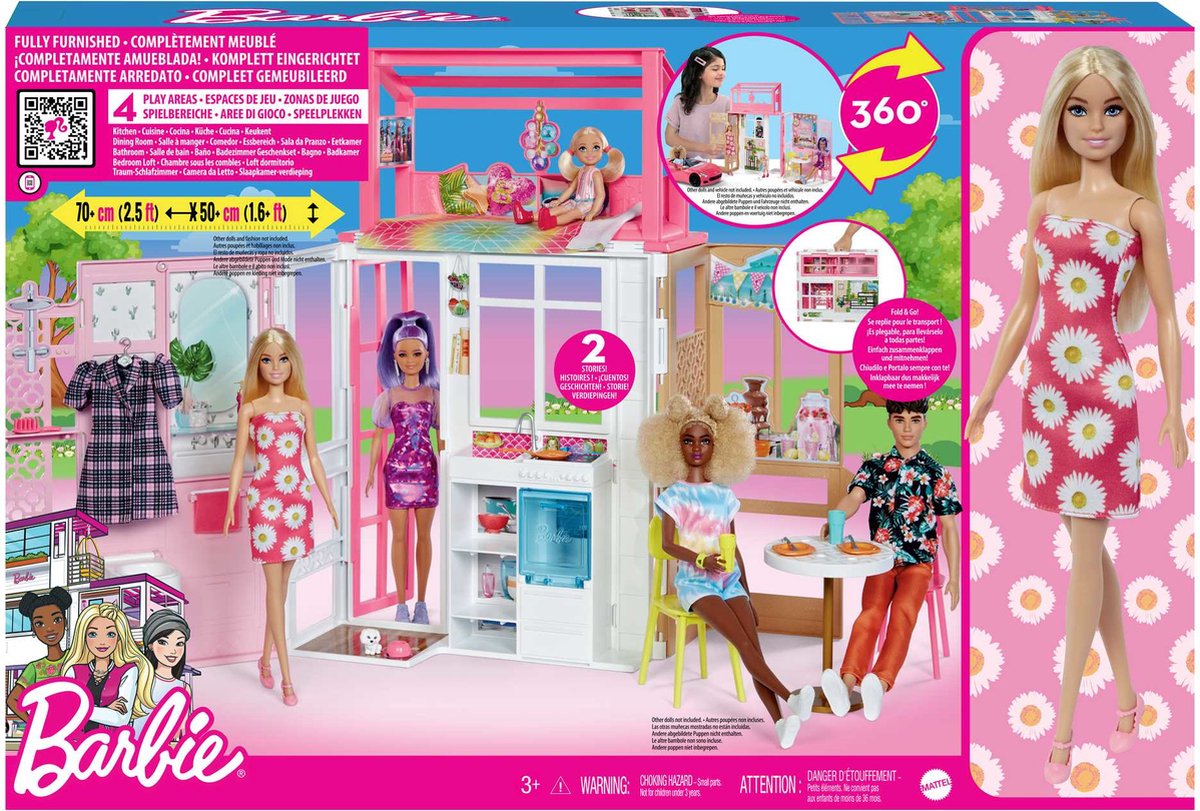 Mattel Games, Barbie-poppenhuisset met 2 verdiepingen, Barbie-poppen en accessoires, Veelkleurig